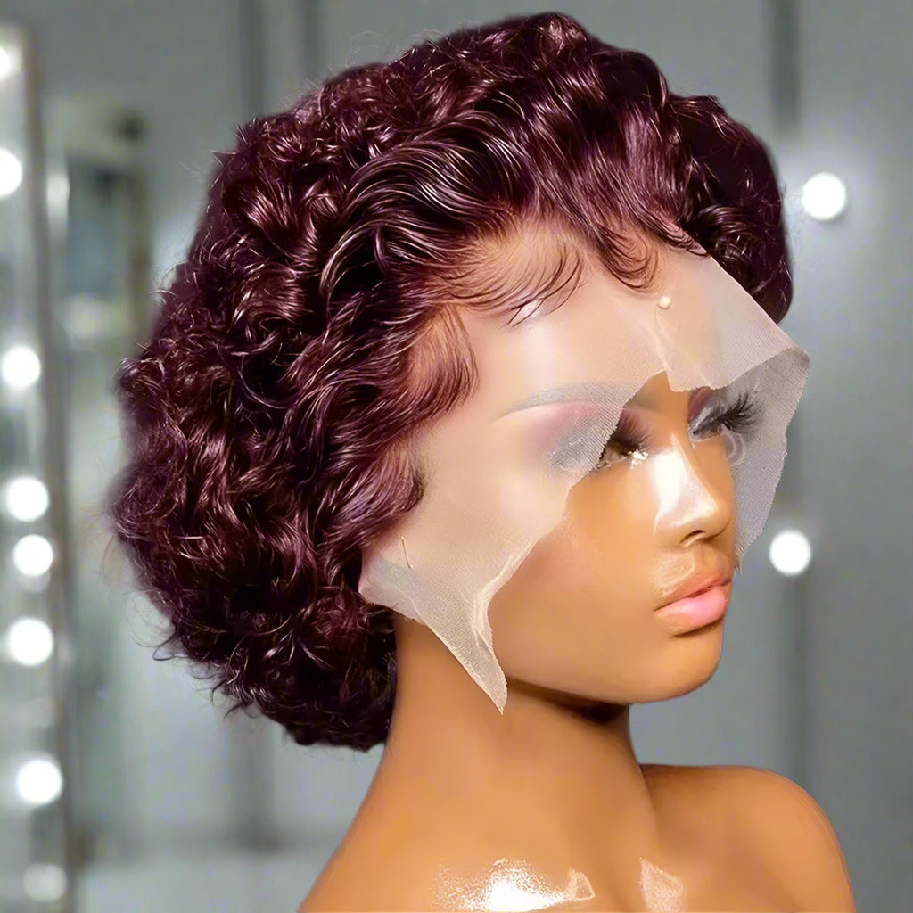 13*4 Pixie Cut Burgundy Human Hair 6 Inches Lace Wig